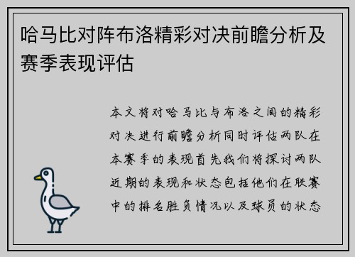 哈马比对阵布洛精彩对决前瞻分析及赛季表现评估